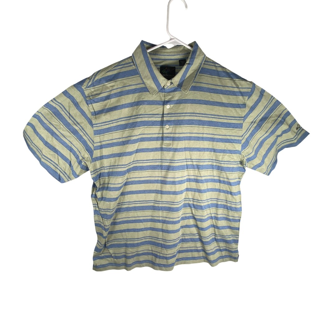 Greg Norman Collection Polo Shirt Mens Large Green Blue Stripe Cotton Knit Golf